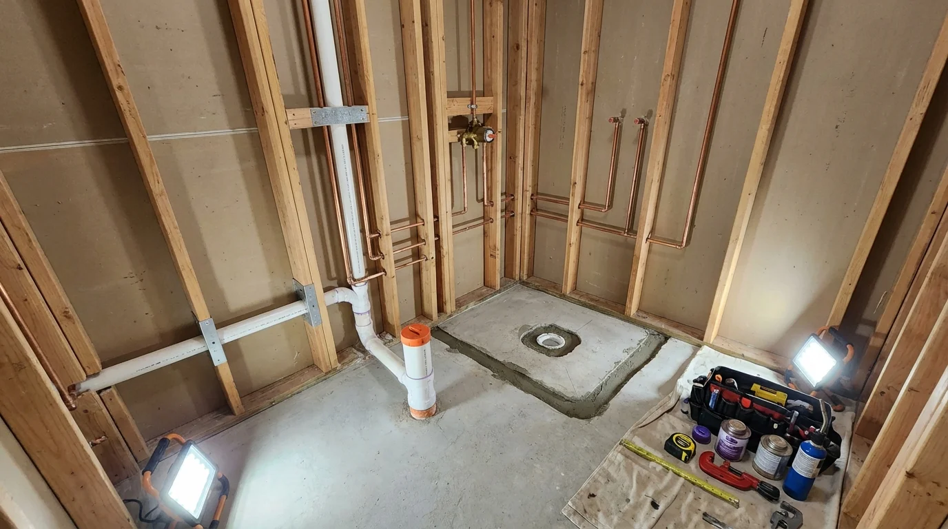 Bathroom rough-in plumbing during remodel by Johns Plumbing LLC in Woodruff