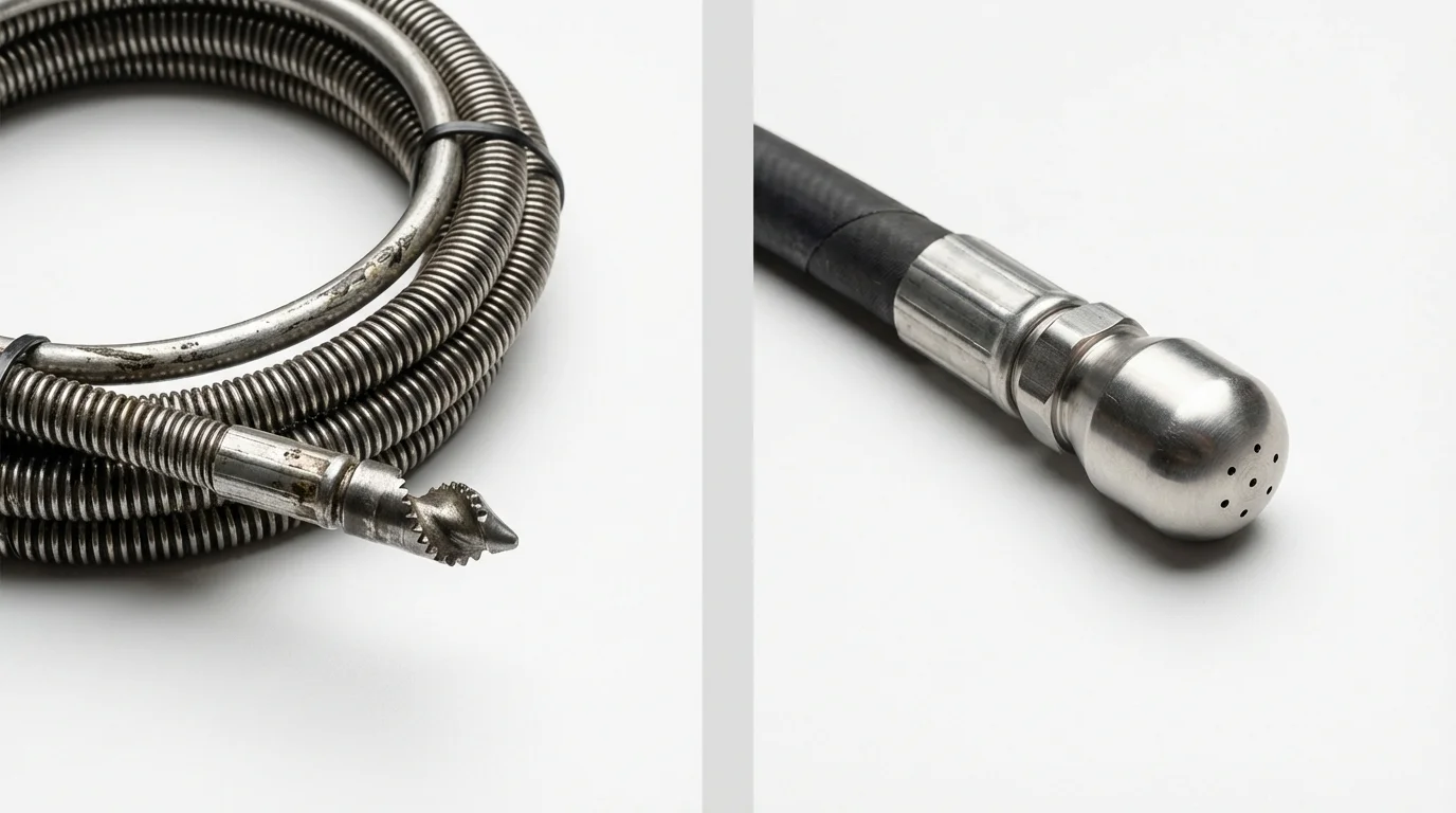 Drain snake cable and hydro jetting nozzle used for drain cleaning in Woodruff, SC