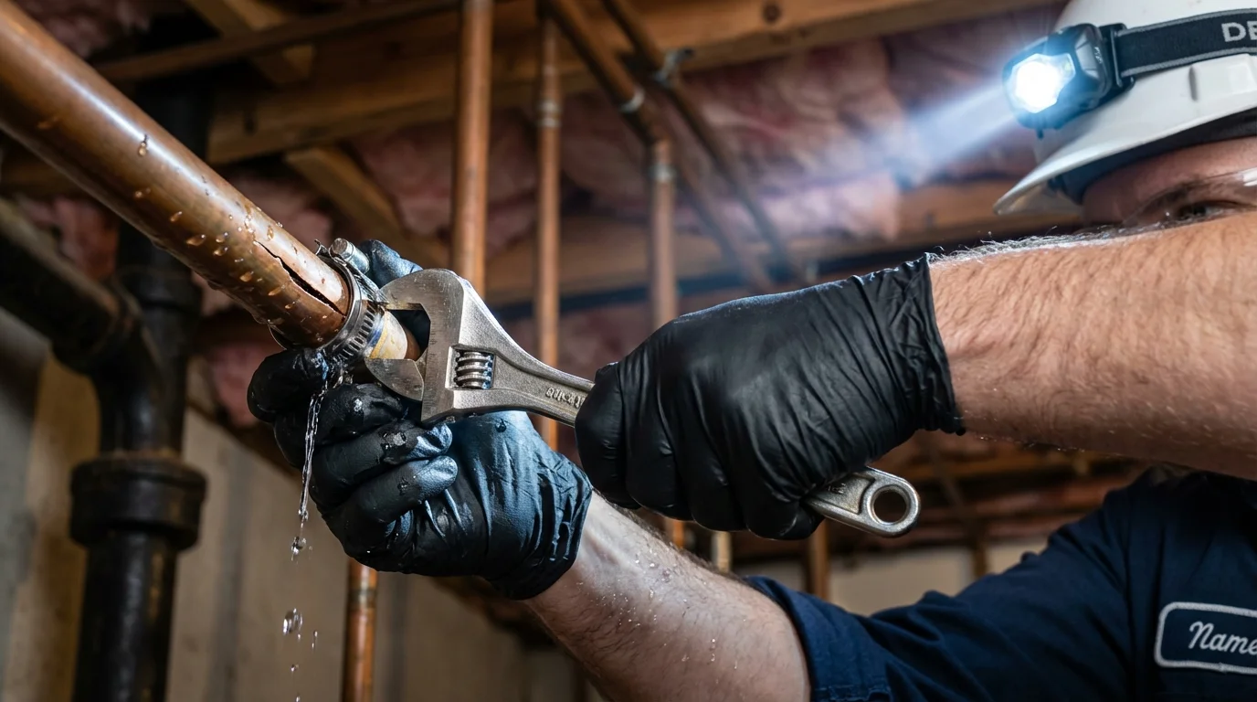 Emergency pipe clamp repair being performed by a Johns Plumbing LLC plumber in Woodruff