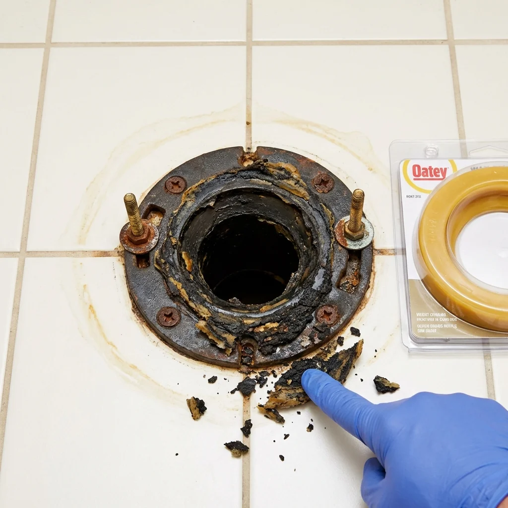 Failed wax ring showing water seepage at the base of a toilet in a Woodruff, SC home