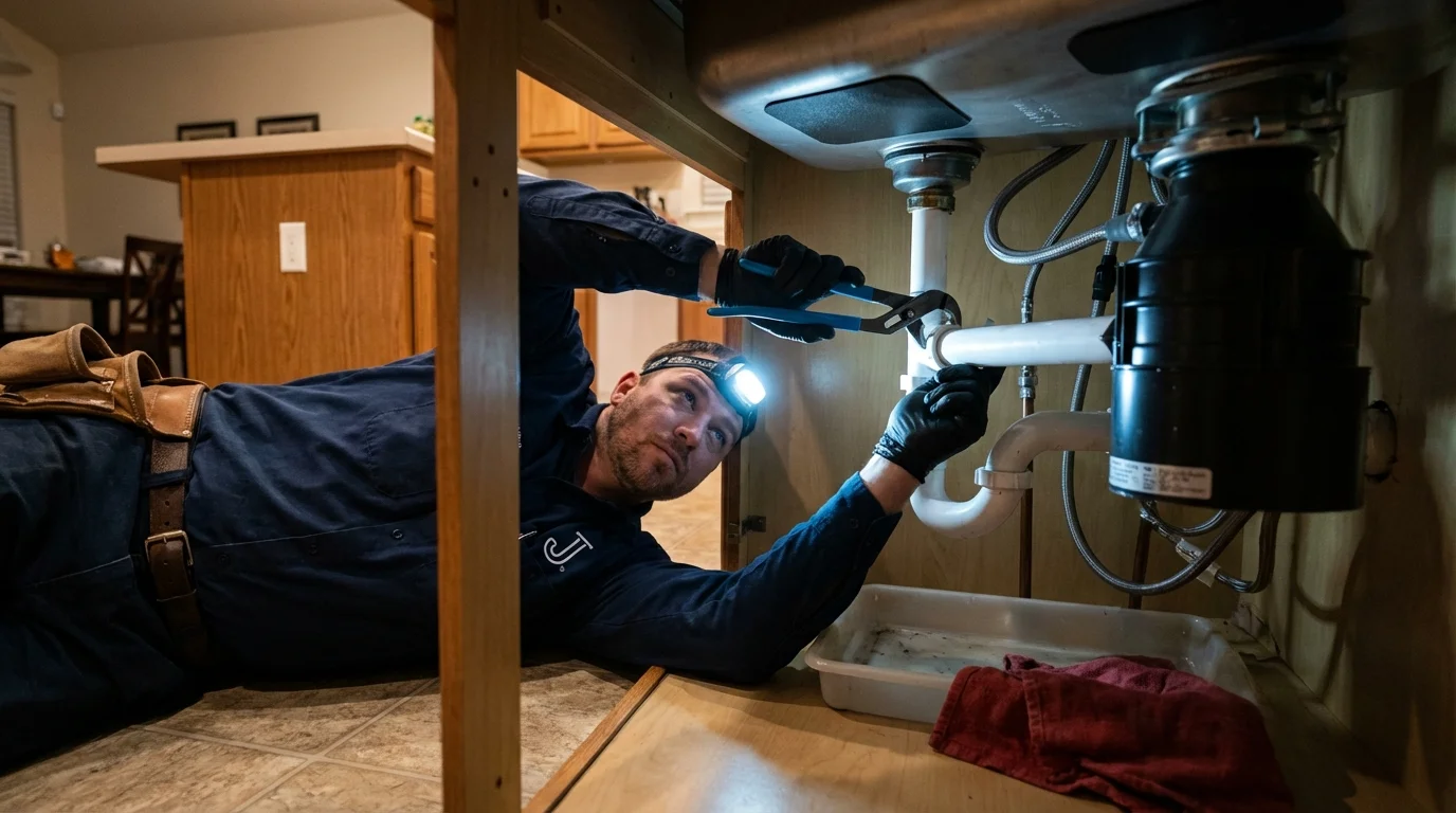 P-trap and supply line connections under a kitchen sink showing a common leak point in Woodruff, SC